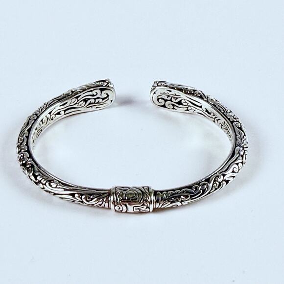 DESIGNER BLUE TOPAZ Floral Hinged Open Cuff Bracelet Sterling Silver Signed - Picture 10 of 11